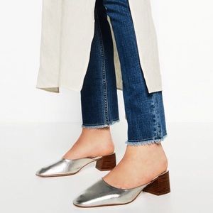 NWT Zara Silver And Wood Block Heel Mule Slides